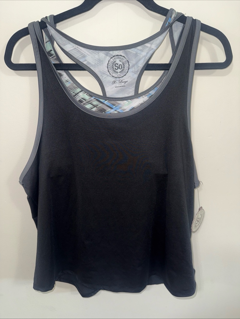 SO Athletic Tank Top Built-In Sports Bra XL Black Patterned Racerbacks BF dashyo